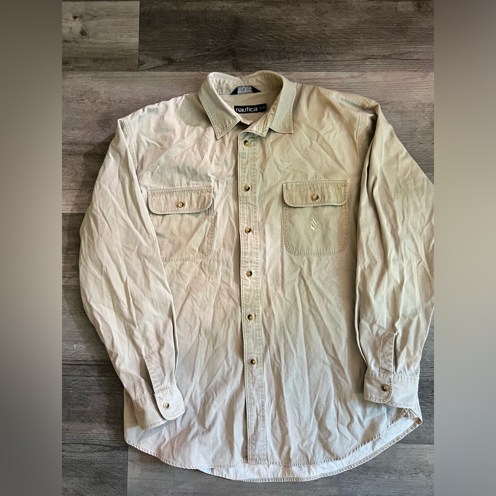 VTG Nautica Mens Shirt Sz L Button Front Long‎ Sleeve Cotton Embroidered Logo